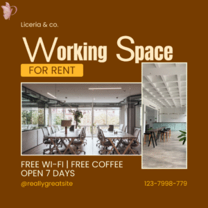 brown and yellow minimalist working space for rent instagram post